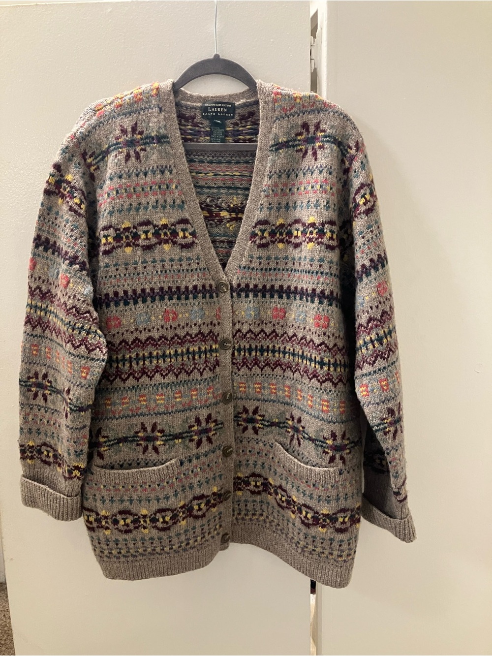 Vintage LAUREN RALPH LAUREN Fair Isle Cardigan Sweater 3X Plus Size Wool Knit.